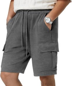 Men’s Everyday Sweat Cargo Cotton Shorts Drawstring Elastic Waist Athletic Training Gym Jogger Shorts with 5 Pockets
