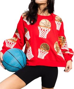Ladies' Sparkling Basketball Hoop Sequin Sweatshirt Crewneck Oversized Long-Sleeve Pullover Tops