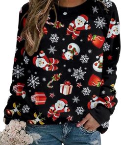 Christmas Sweatshirt Ladies Funny Ugly Christmas Pullover Shirt Xmas Holiday Santa Prints Long-Sleeve Tops