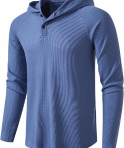 Men's Causal Pullover Hoodie Lightweight Solid Color Hooded Sweatshirt Tops Long-Sleeve Waffle-Soft-Knit Henley Shirt